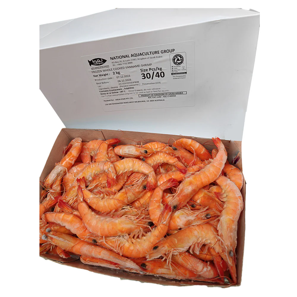 NAQUA Red Sea Premium Frozen Whole Cooked Vannamei Shrimp (Size 30/40) – 2kg Box - Whole Cooked Prawns
