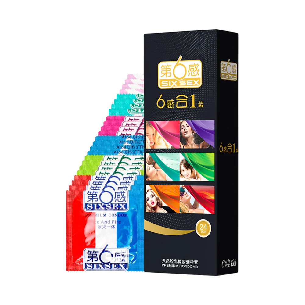 Six Sex 6-in-1 Assorted Condoms, Natural Rubber Latex - 24 Pack - Variety Pack with Aloe, Ice & Fire