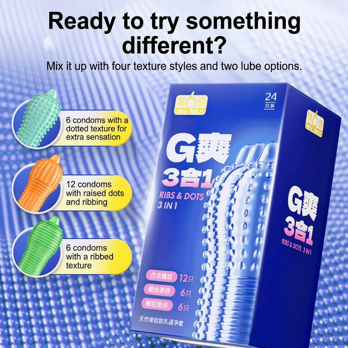Six Sex G Pleasure 3-in-1 Ribbed & Dotted Condoms - 24 Count - Image 2