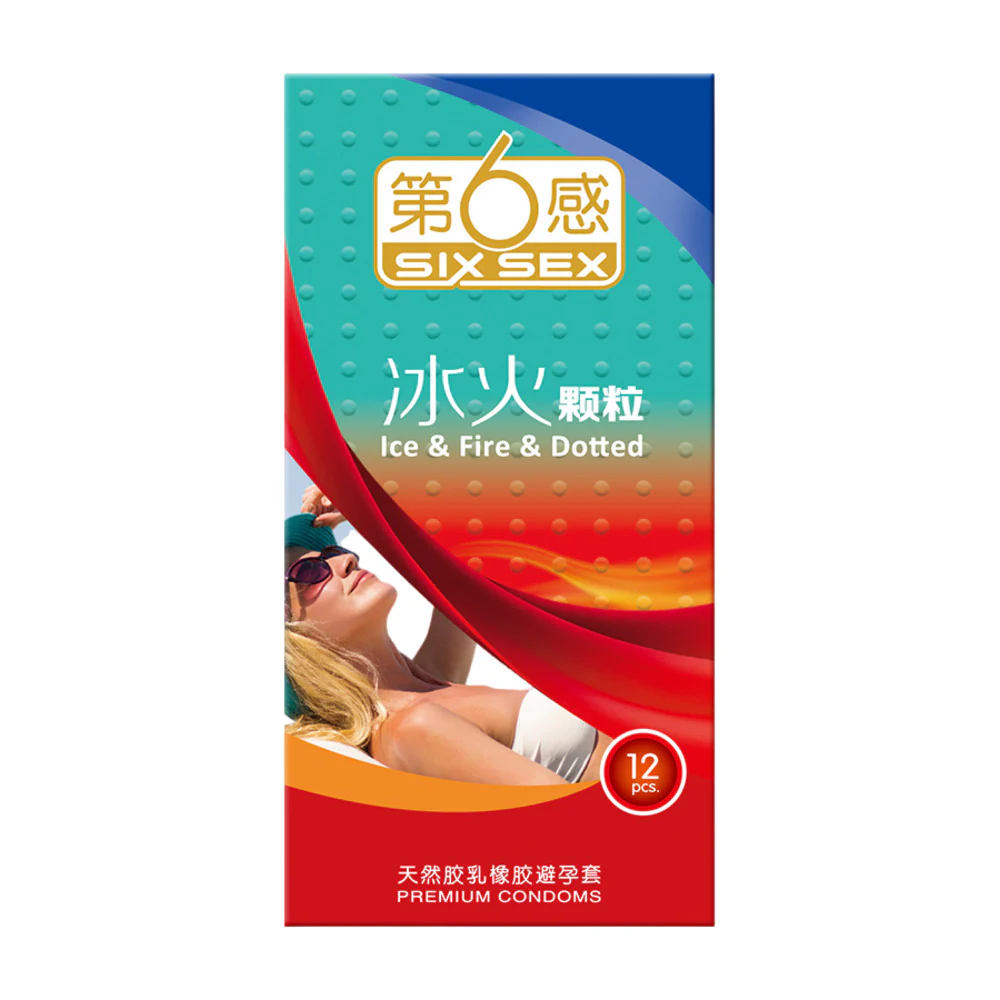 Six Sex Ice & Fire Dotted Condoms - 12 Pack - Warming & Cooling, Textured Dots - Image 2