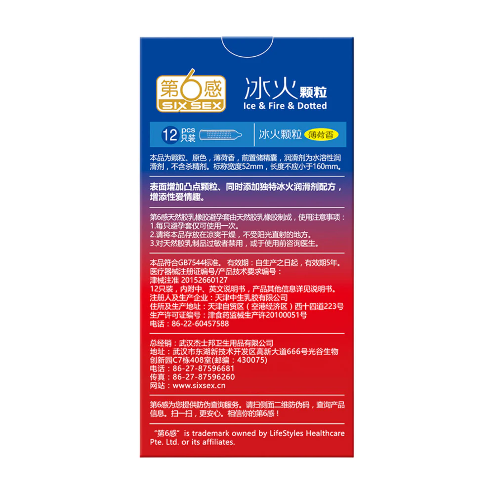 Six Sex Ice & Fire Dotted Condoms - 12 Pack - Warming & Cooling, Textured Dots - Image 3