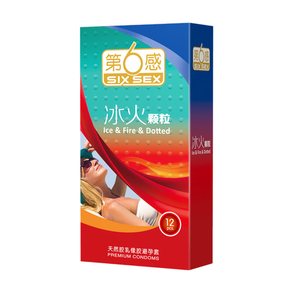 Six Sex Ice & Fire Dotted Condoms - 12 Pack - Warming & Cooling, Textured Dots - Image 4