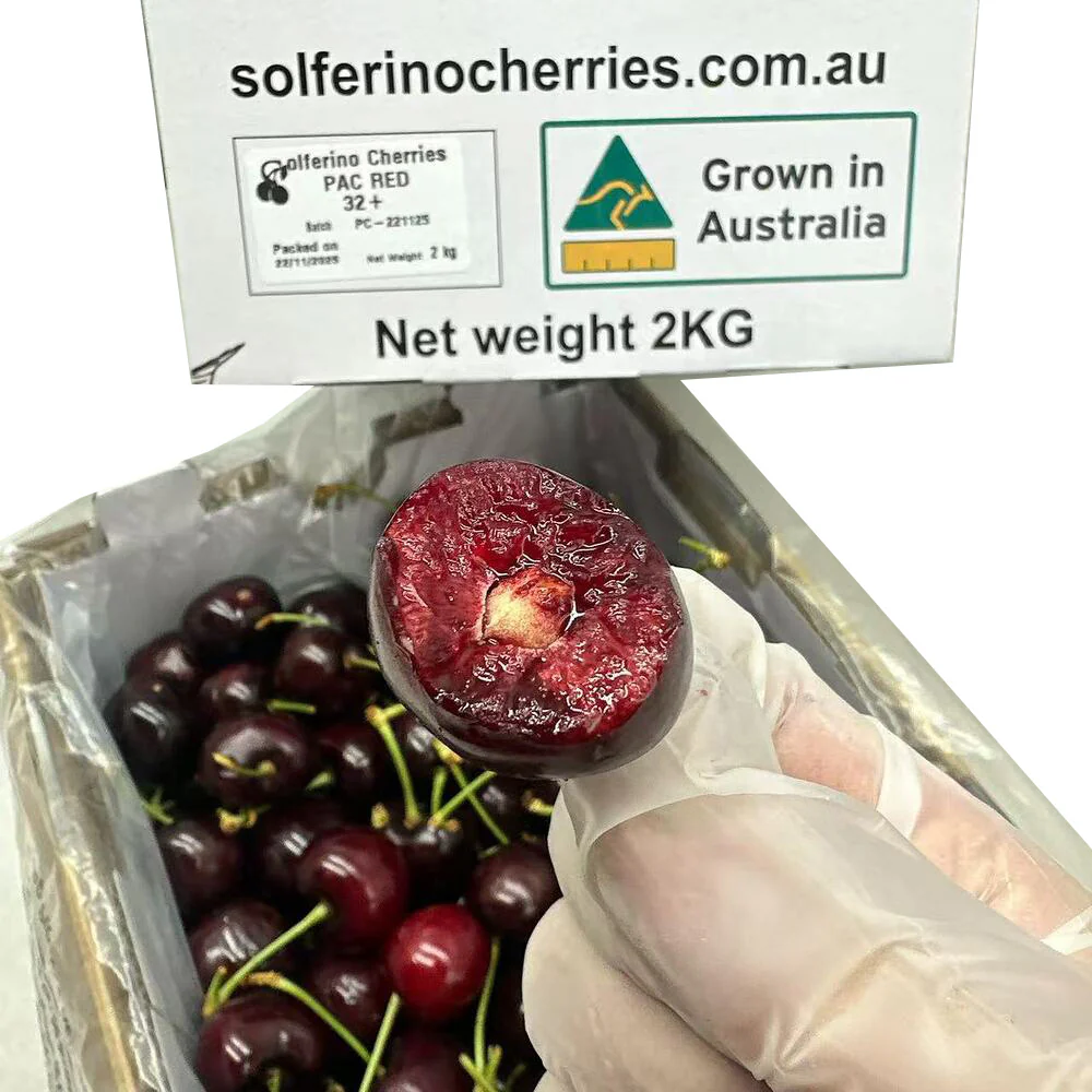 Solferino Pac Red Australian Cherries 32mm+ Gift Box – 2kg - Image 3