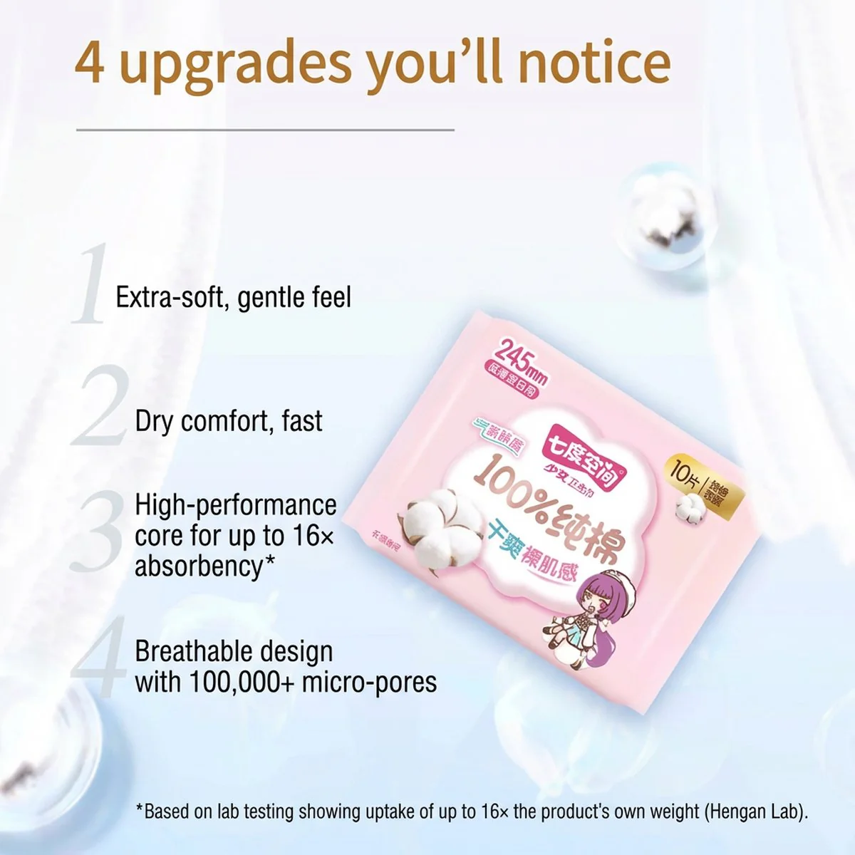 Space 7 Girl Series Pure Cotton Ultra-Thin Day Use Sanitary Pads - 10 Pieces, 245mm - Image 3