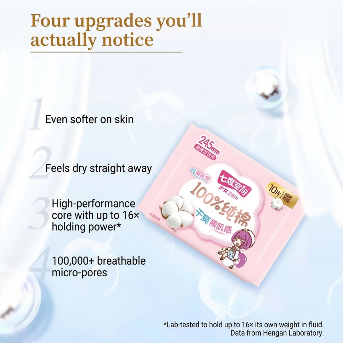 Space 7 Girl Series Pure Cotton Ultra-Thin Day Use Sanitary Pads - 10 Pieces, 245mm - Image 5