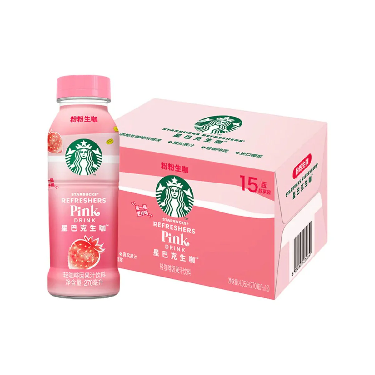 Starbucks Refreshers Pink Drink (Original) – Lightly Caffeinated Strawberry & Coconut Juice Beverage, 270ml × 15 Bottles