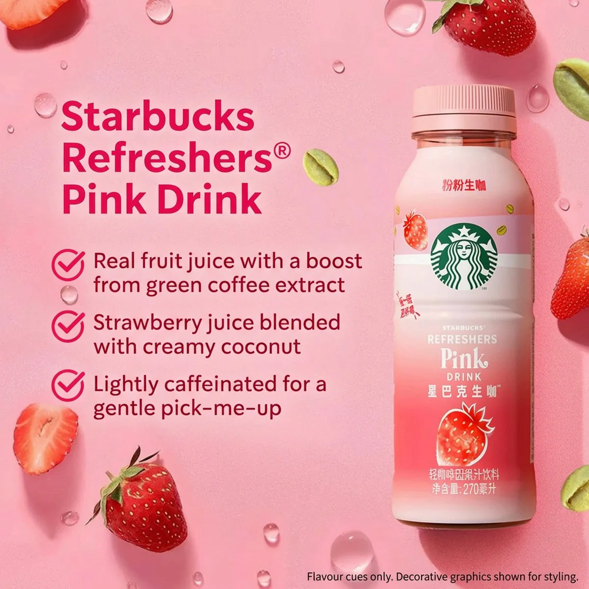 Starbucks Refreshers Pink Drink (Original) – Lightly Caffeinated Strawberry & Coconut Juice Beverage, 270ml × 15 Bottles - Image 4