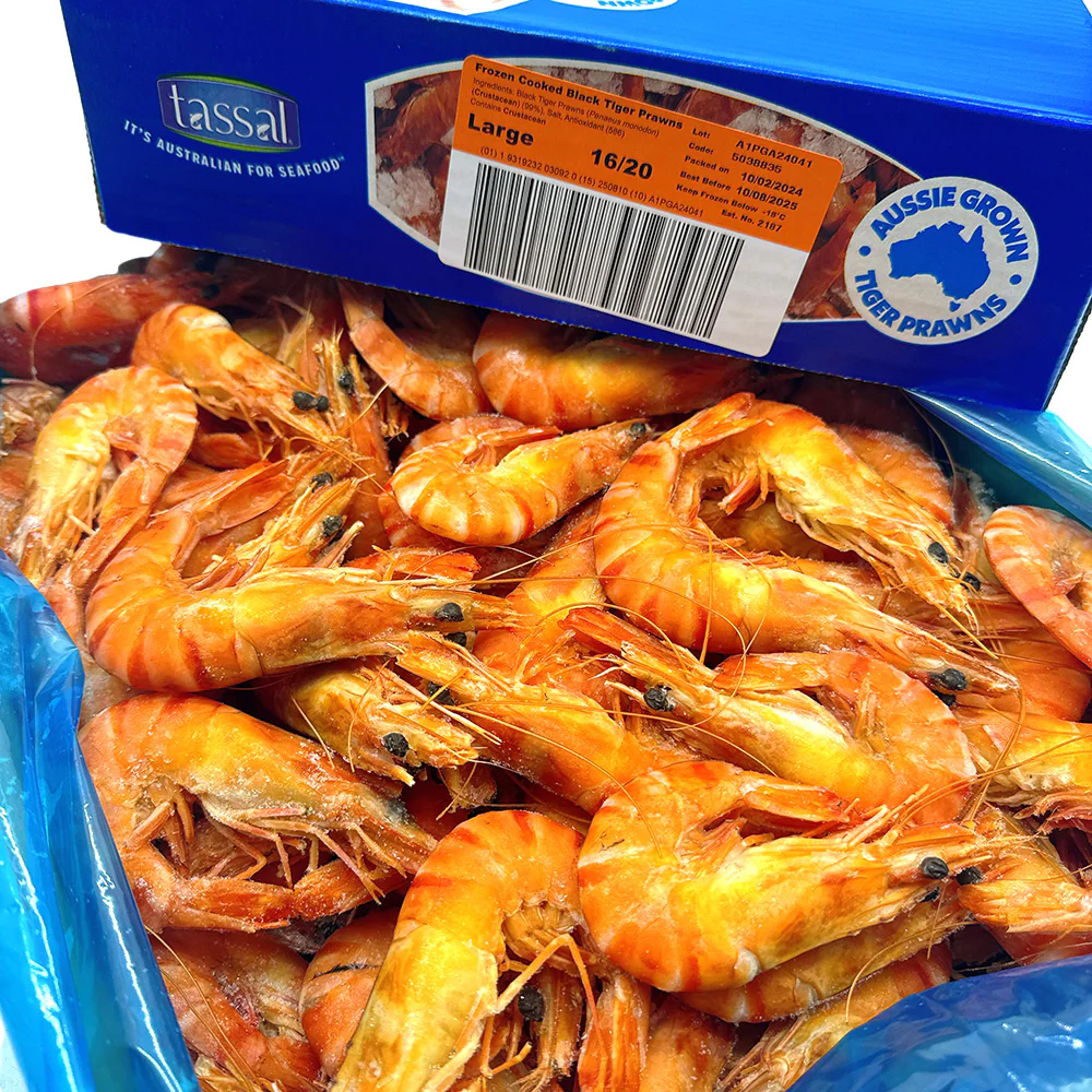 Tassal Frozen Cooked Australian Black Tiger Prawns Large Size 16/20 - 3kg - Image 2