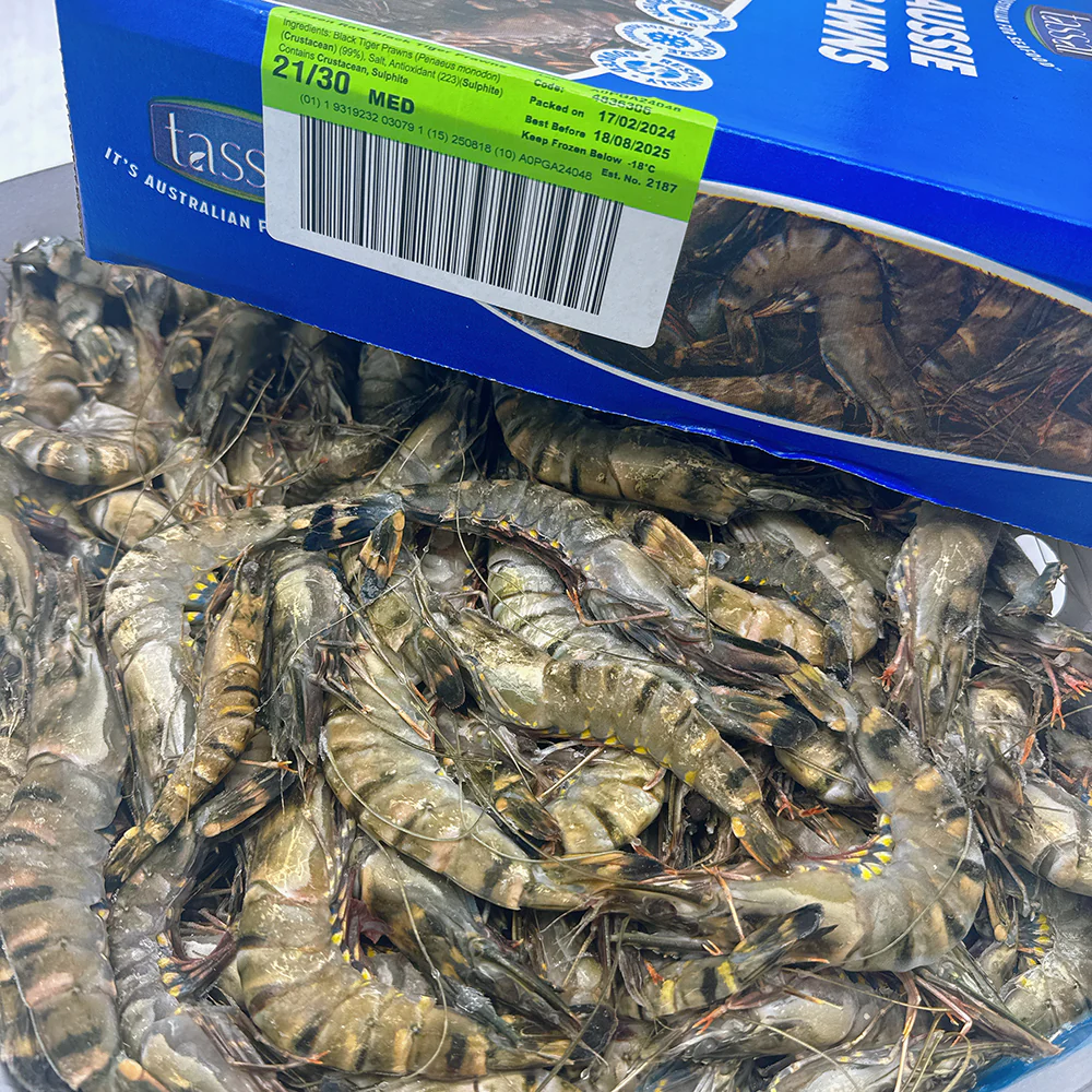 Tassal Frozen Raw Black Tiger Prawns M Size 21/30 - 3kg - Image 2