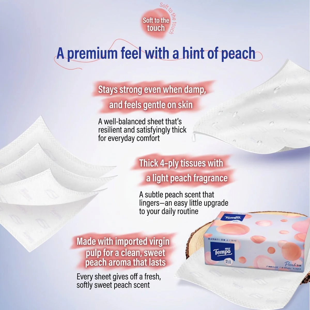 Tempo Peach-Scented 4-Ply Facial Tissues – 80 Sheets per Pack, 18 Packs (Carton) - Image 2