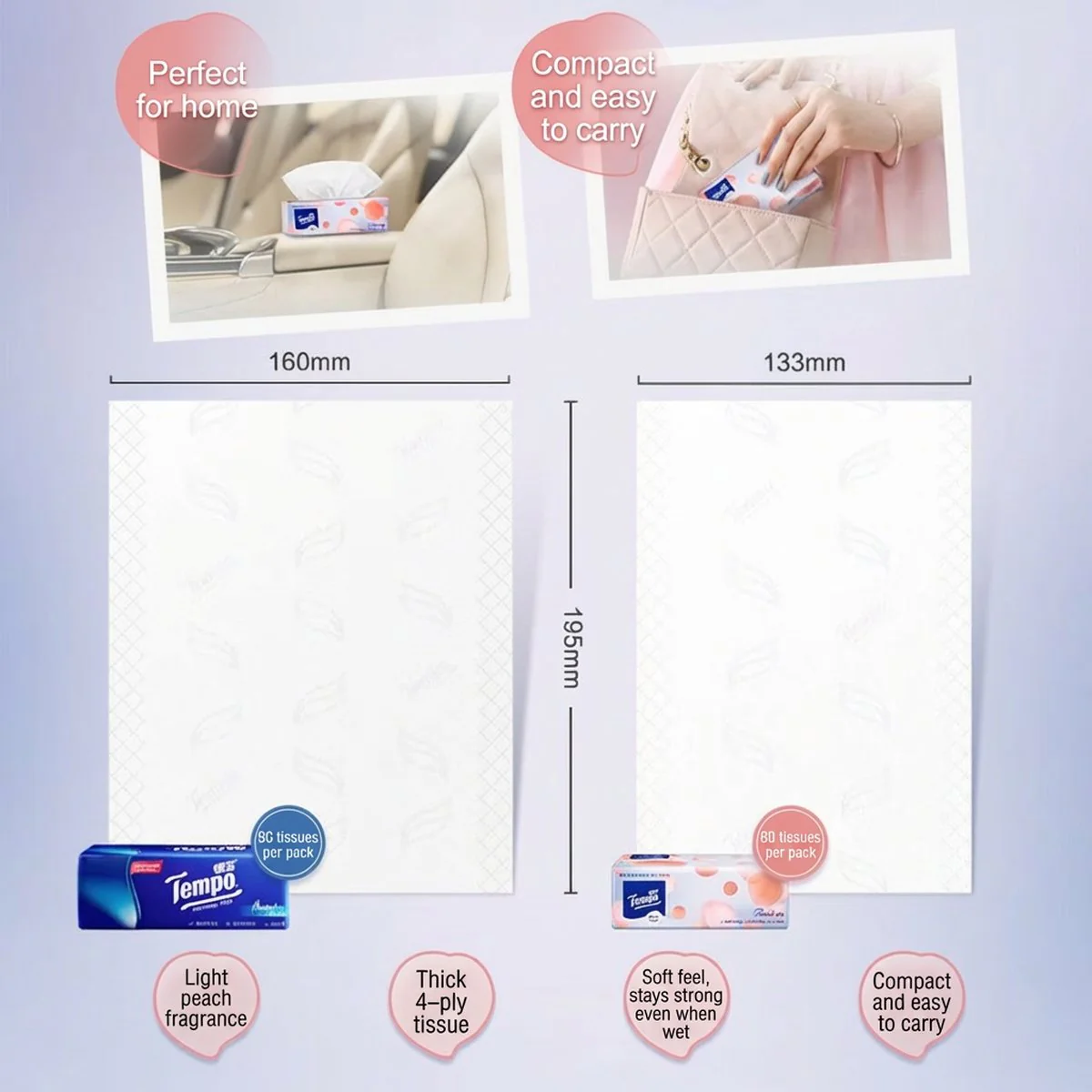 Tempo Peach-Scented 4-Ply Facial Tissues – 80 Sheets per Pack, 18 Packs (Carton) - Image 3