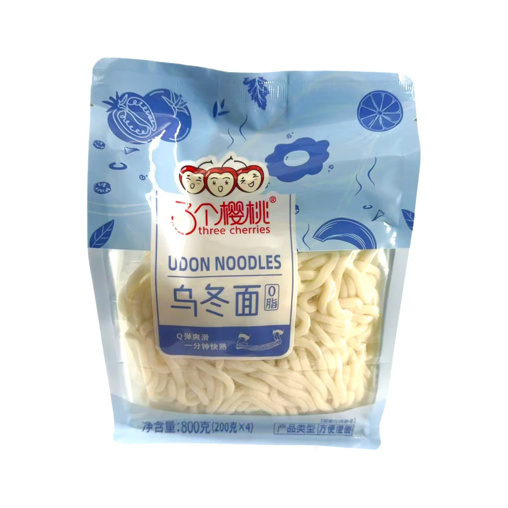 Three Cherries Quick-Cook Udon Noodles 800g (4 x 200g) – Pre-Cooked Japanese-Style Wheat Noodles Ready in 1 Minute