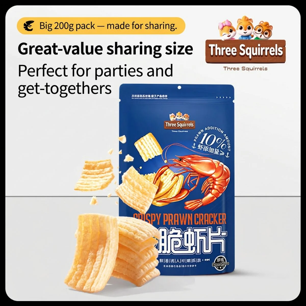 Three Squirrels Crispy Prawn Crackers Original Flavour 200g - Image 3