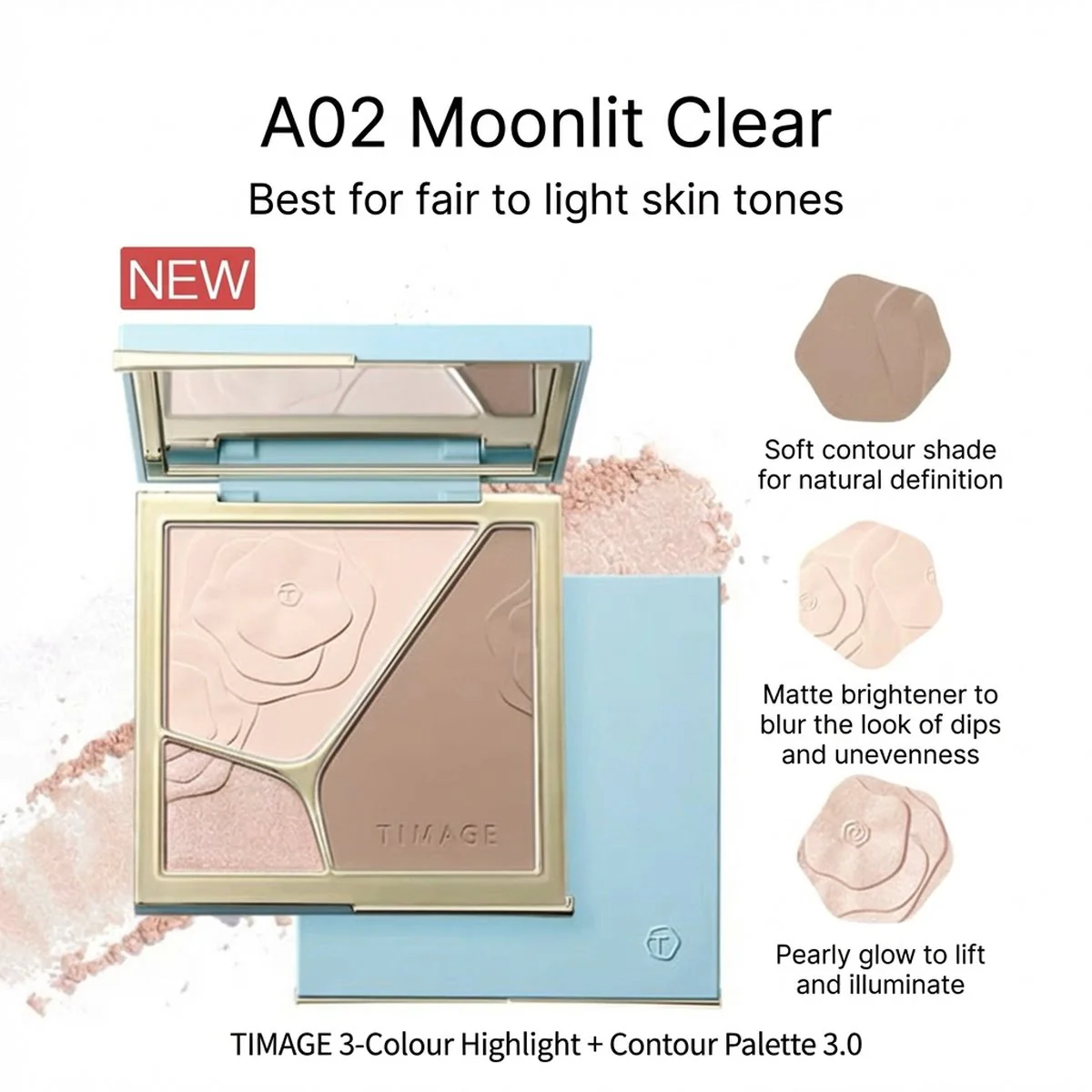TIMAGE Light & Shadow Contour Palette 3.0 – Shade 02 Yuehuiqing, 17g - Matte Contour, Soft-Focus Setting & Luminous Highlighter Trio - Image 2