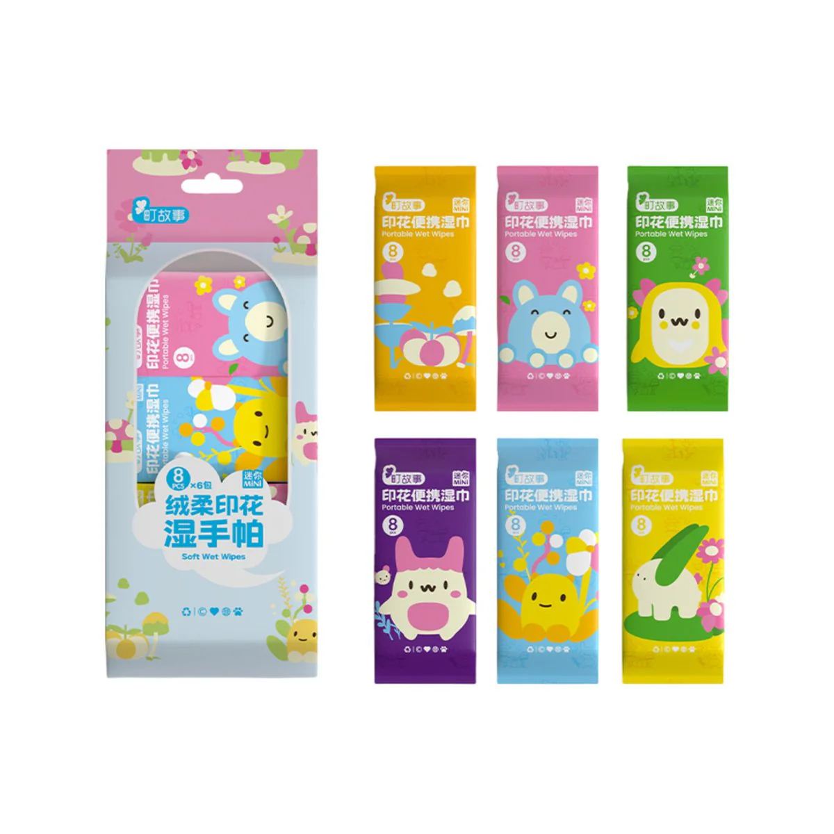 Ting Gushi Soft Printed Hand Wet Wipes, 8 Wipes x 6 Packs
