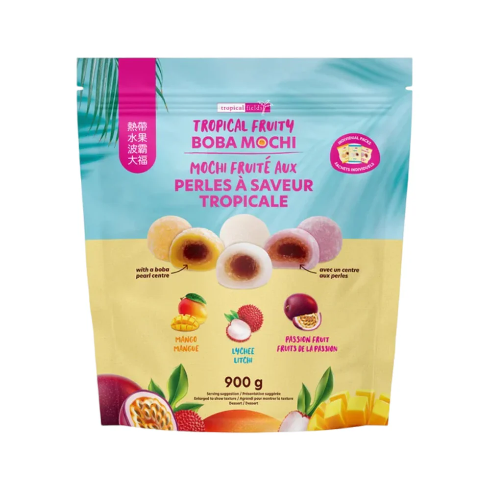 Tropical Fields Tropical Fruity Boba Mochi Variety Pack – Mango, Lychee & Passion Fruit, Chewy Rice Cakes with Boba Pearl Center, 900g