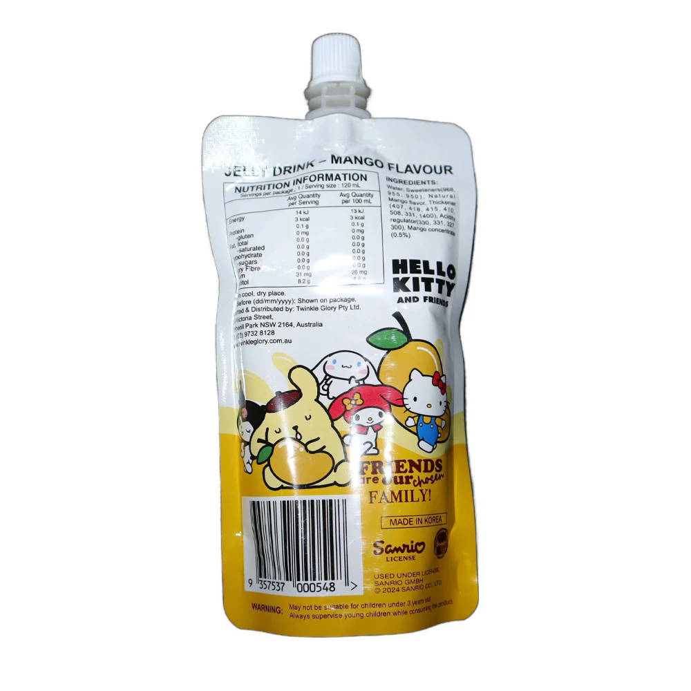 Twinkle Glory Hello Kitty & Friends Zero-Sugar Squeezable Jelly Drink – Mango Flavour 120 ml × 10 Pouches - Image 2