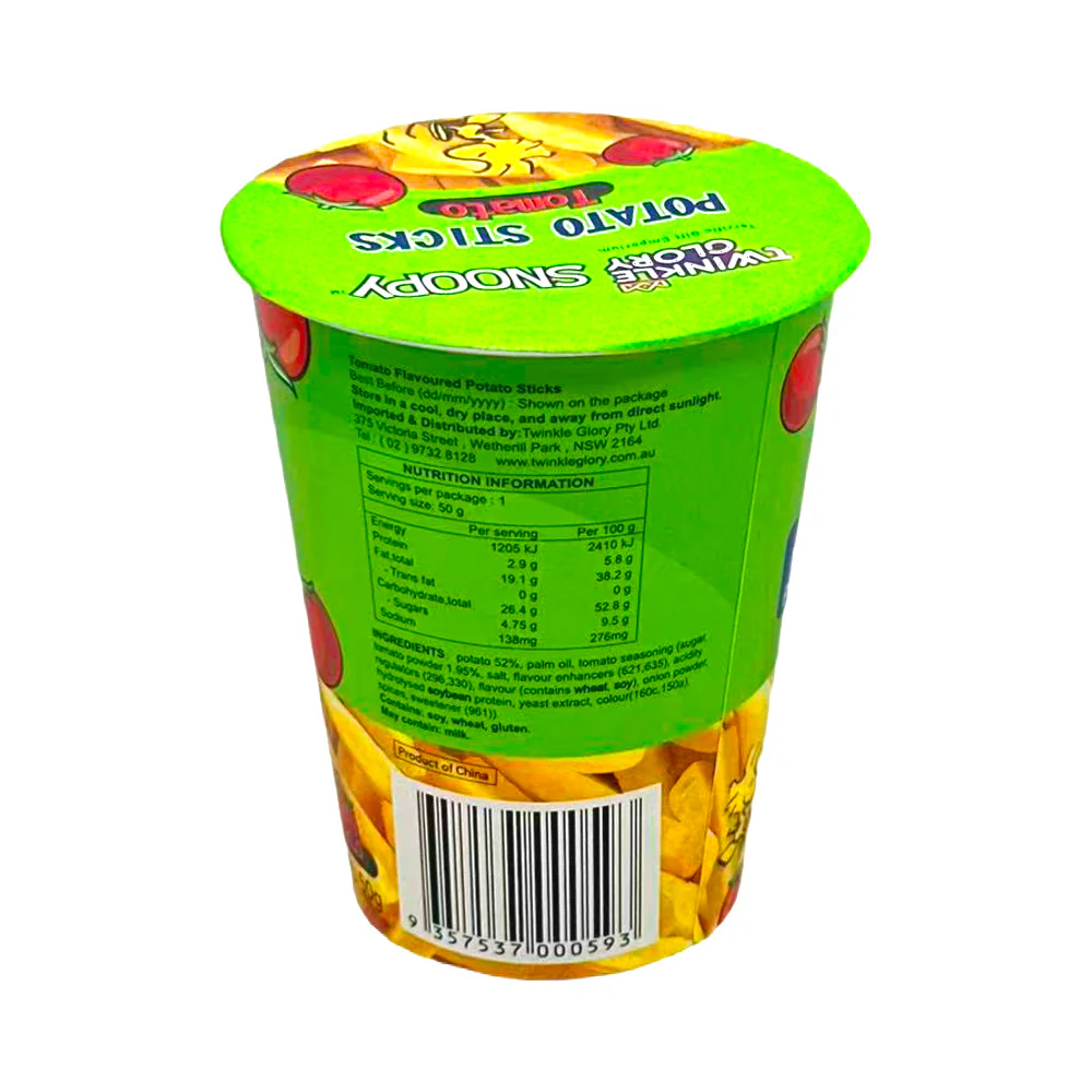 Twinkle Glory Snoopy Tomato Flavour Potato Sticks Cup 50g - Image 2