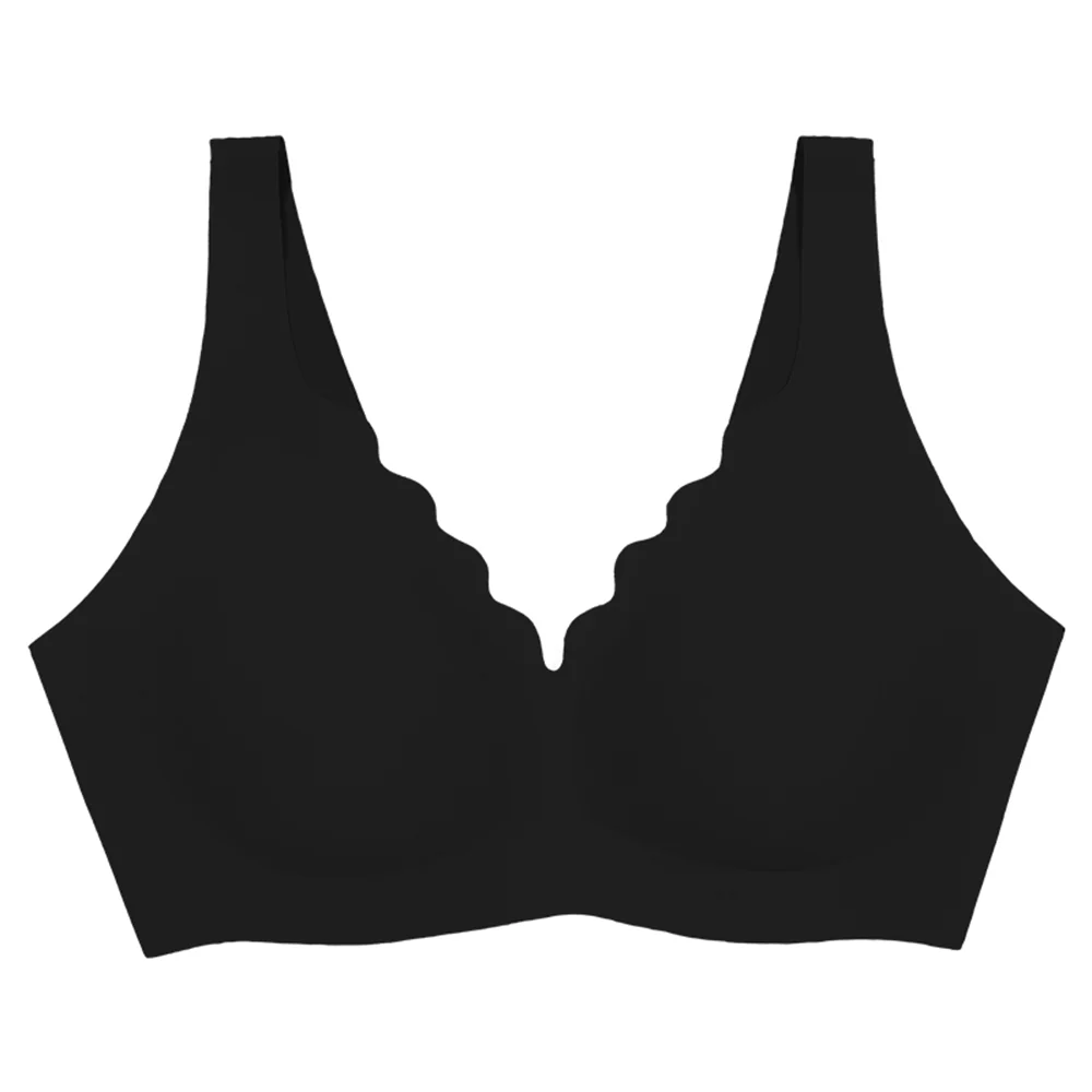 Ubras Seamless Deep V-Neck Scallop Edge Bra - Black - Image 2
