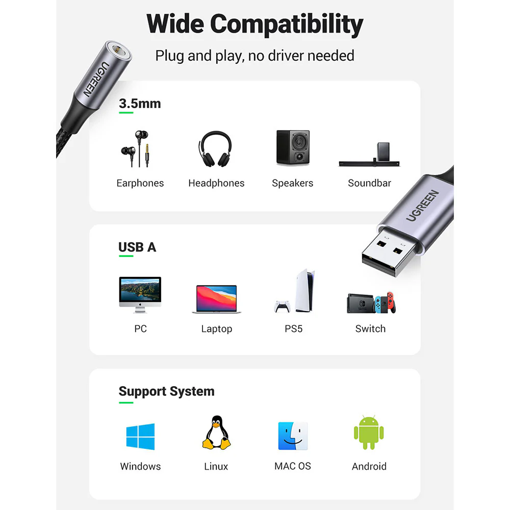UGREEN USB 2.0 to 3.5mm Female Adapter Cable - 25cm - Image 4