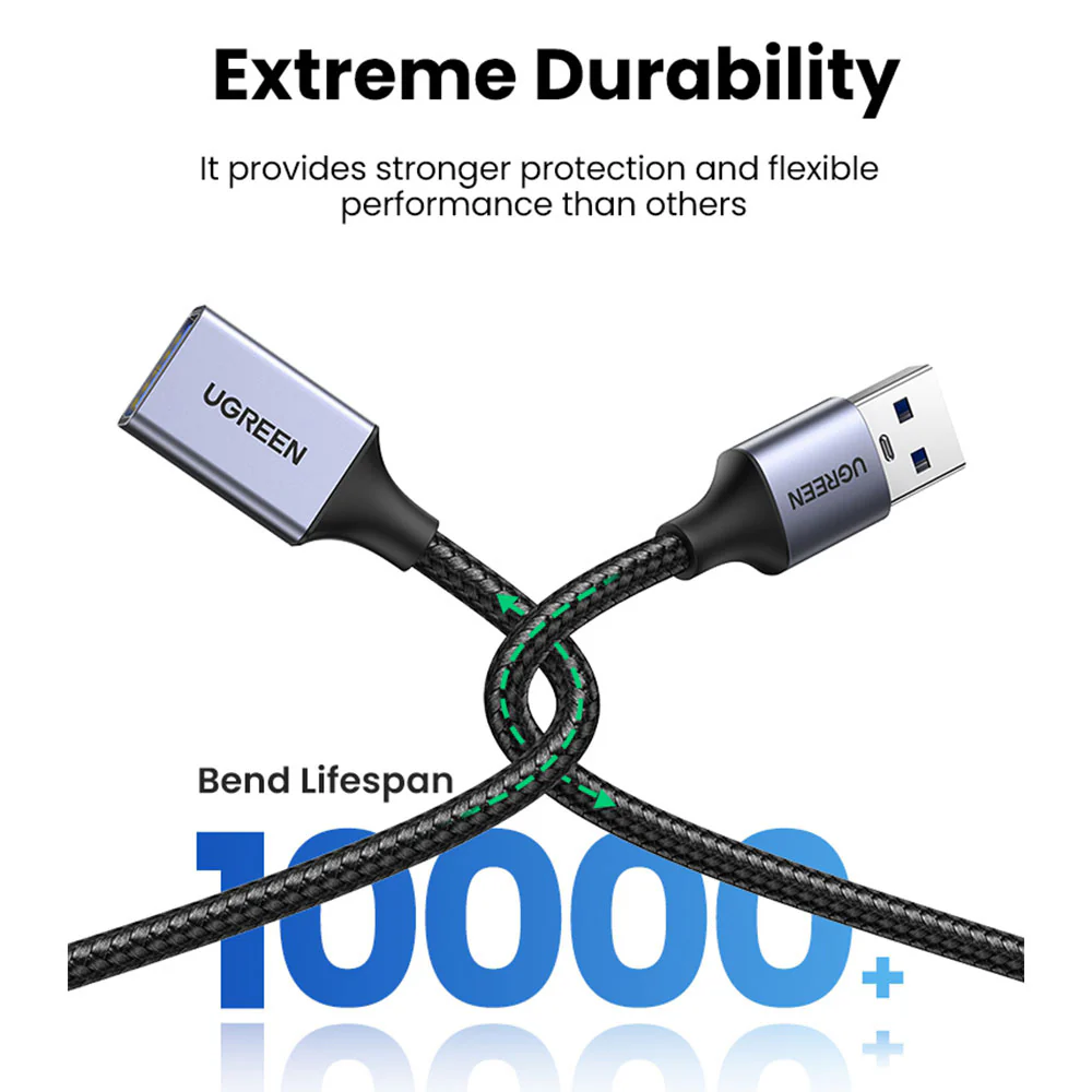 Ugreen USB 3.0 A Male to A Female Aluminum Extension Cable 1m - Black - Image 2