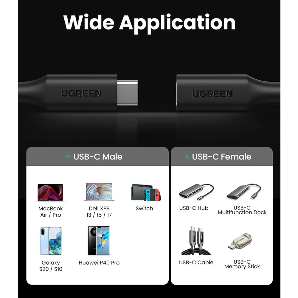 UGREEN USB-C Male to USB-C Female Extension Cable G2 - 1m Black - Image 4