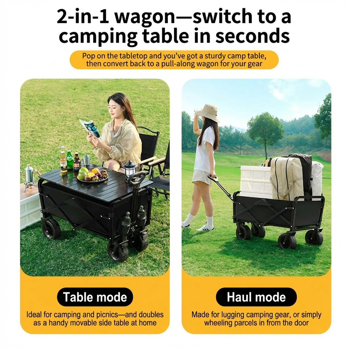 Ulife Foldable Camping Wagon with 5-Inch Narrow Wheels - Black, 100L Capacity, 100kg Load - Collapsible Utility Cart - Image 2