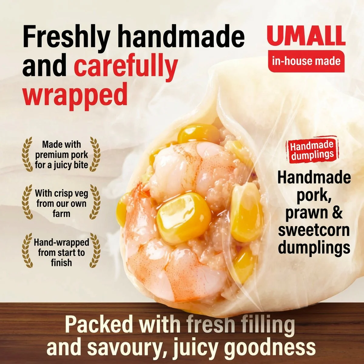 UMALL Pork, Shrimp & Corn Handmade Dumplings (Frozen) – 12 Pieces, 360g