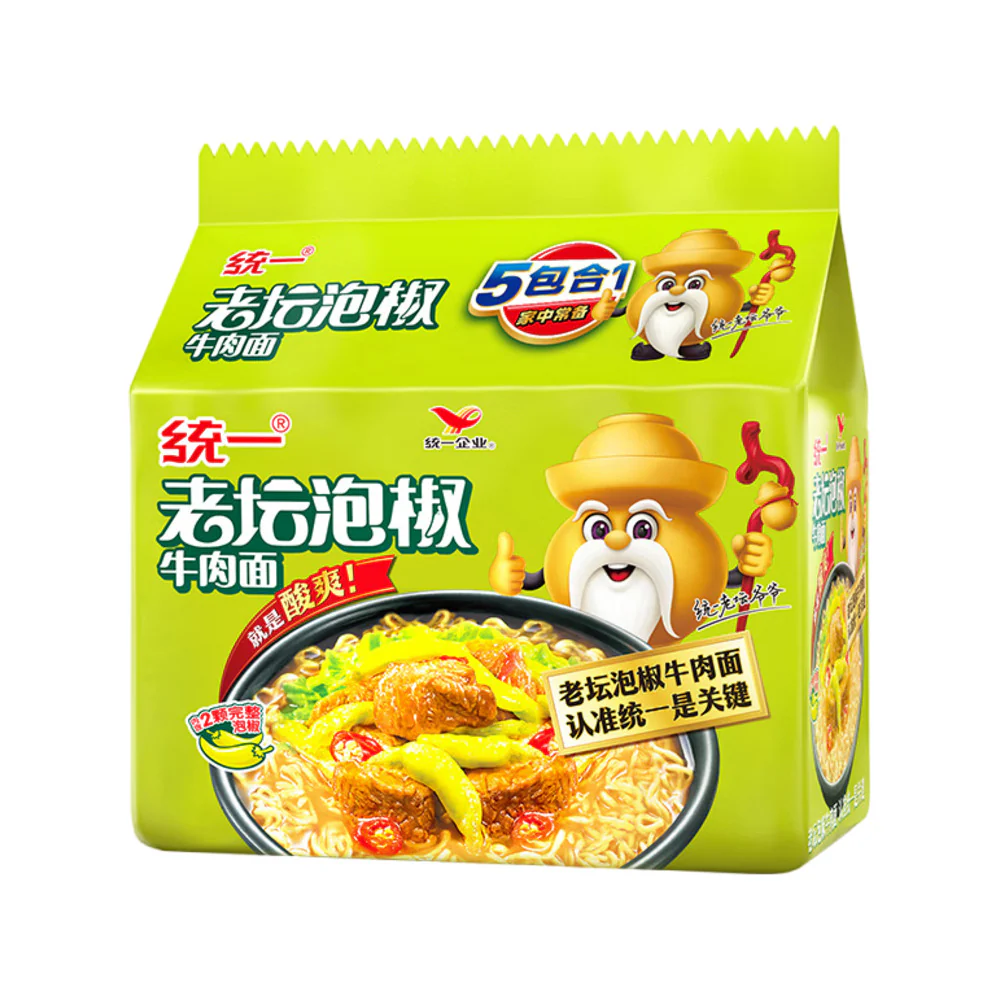 Uni-President Old Pickled Chili Beef Instant Noodles - 5-Pack (102g each)