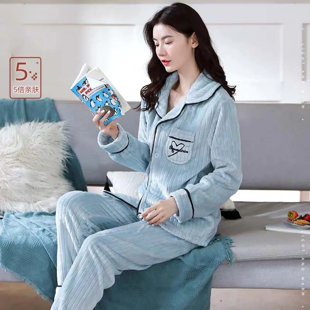 Unisex Coral Fleece Pajama Set – Extra Warm Lake Blue (XXXL)