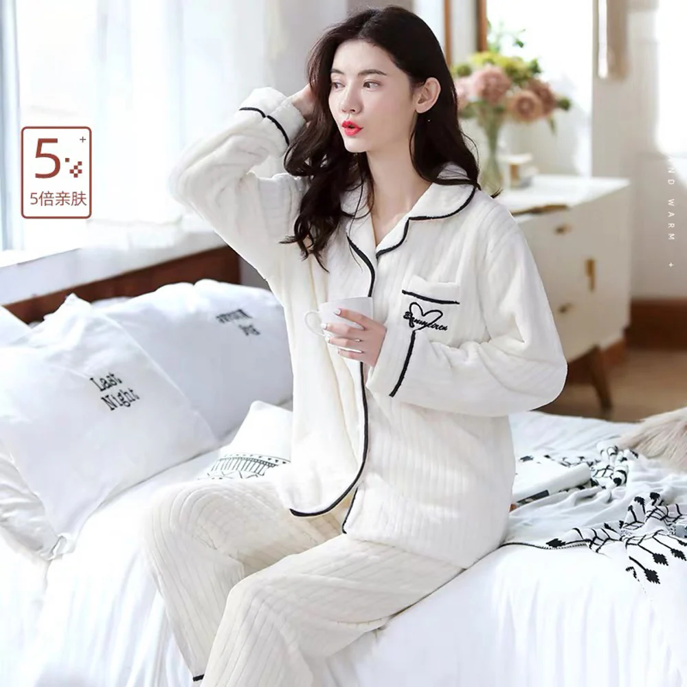 Unisex Coral Fleece Warm Pajama Set – White, Size XXL - Fluffy Winter Loungewear Two-Piece