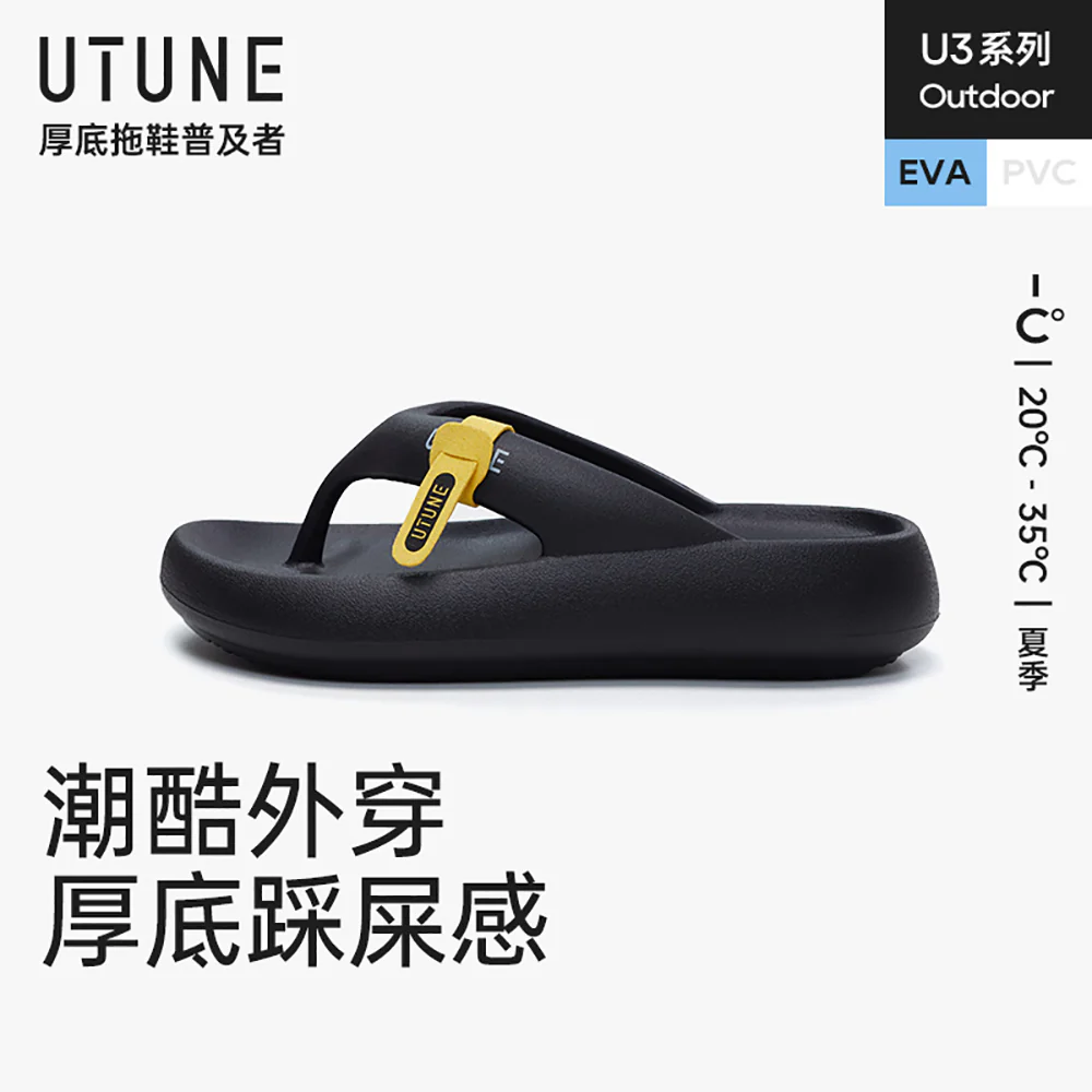 UTUNE Thick-Soled Height-Increasing Flip Flops - Obsidian Black, Size 40-41 - Image 2
