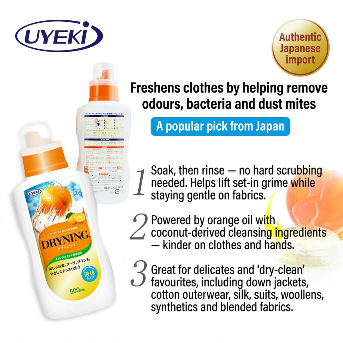 UYEKI Dryning Orange Oil Laundry Detergent (Soak Formula) 500ml – Gentle for Delicates & Down - Image 3