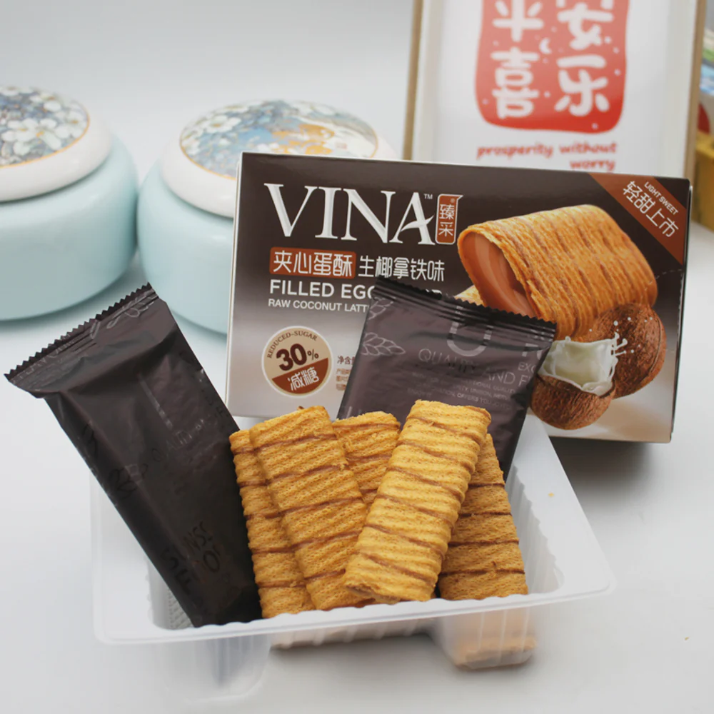 Vina Filled Egg Crisp Raw Coconut Latte Flavor - 100g - Image 2