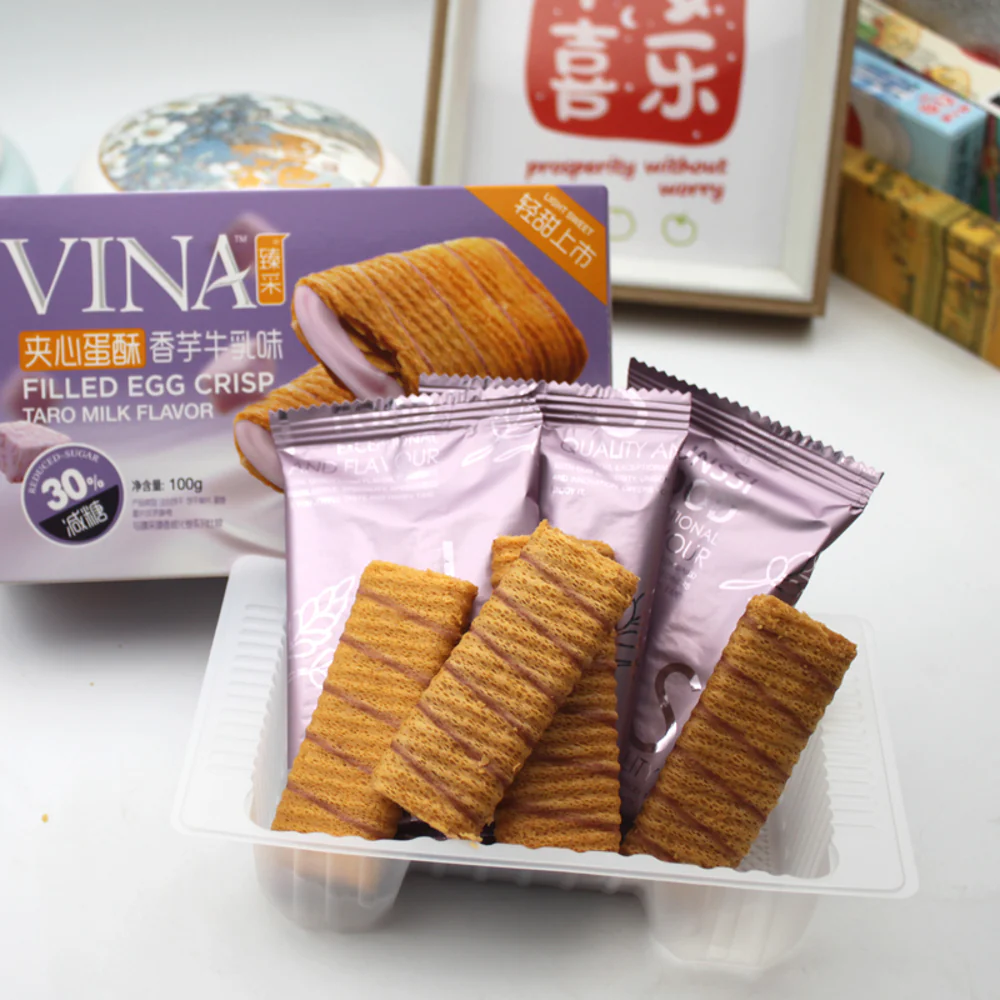 Vina Filled Egg Crisp Taro Milk Flavor - 100g - Image 4