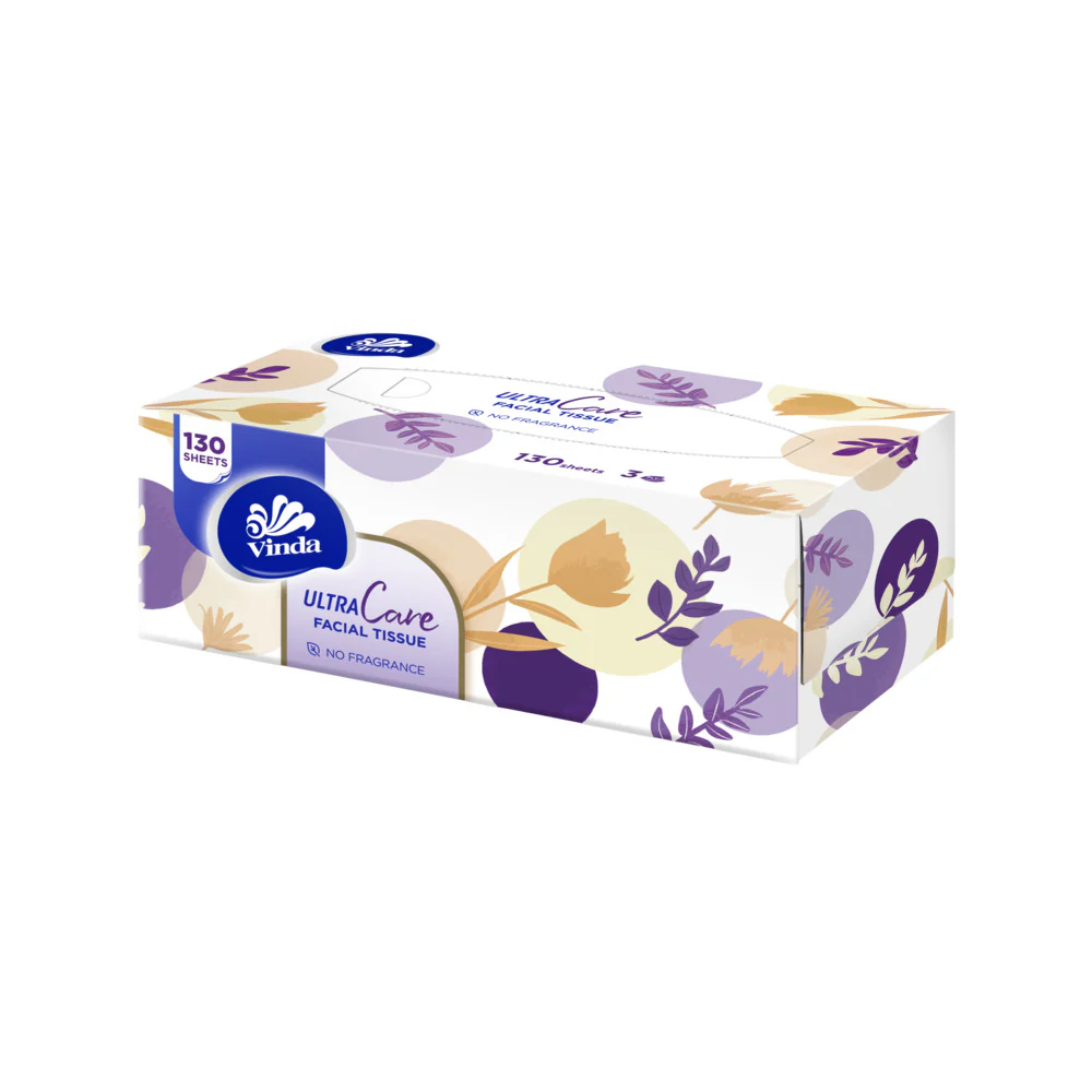Vinda Ultra Care Facial Tissue, 3‑Ply, Fragrance‑Free – 130 Sheets x 8 Boxes - Image 4