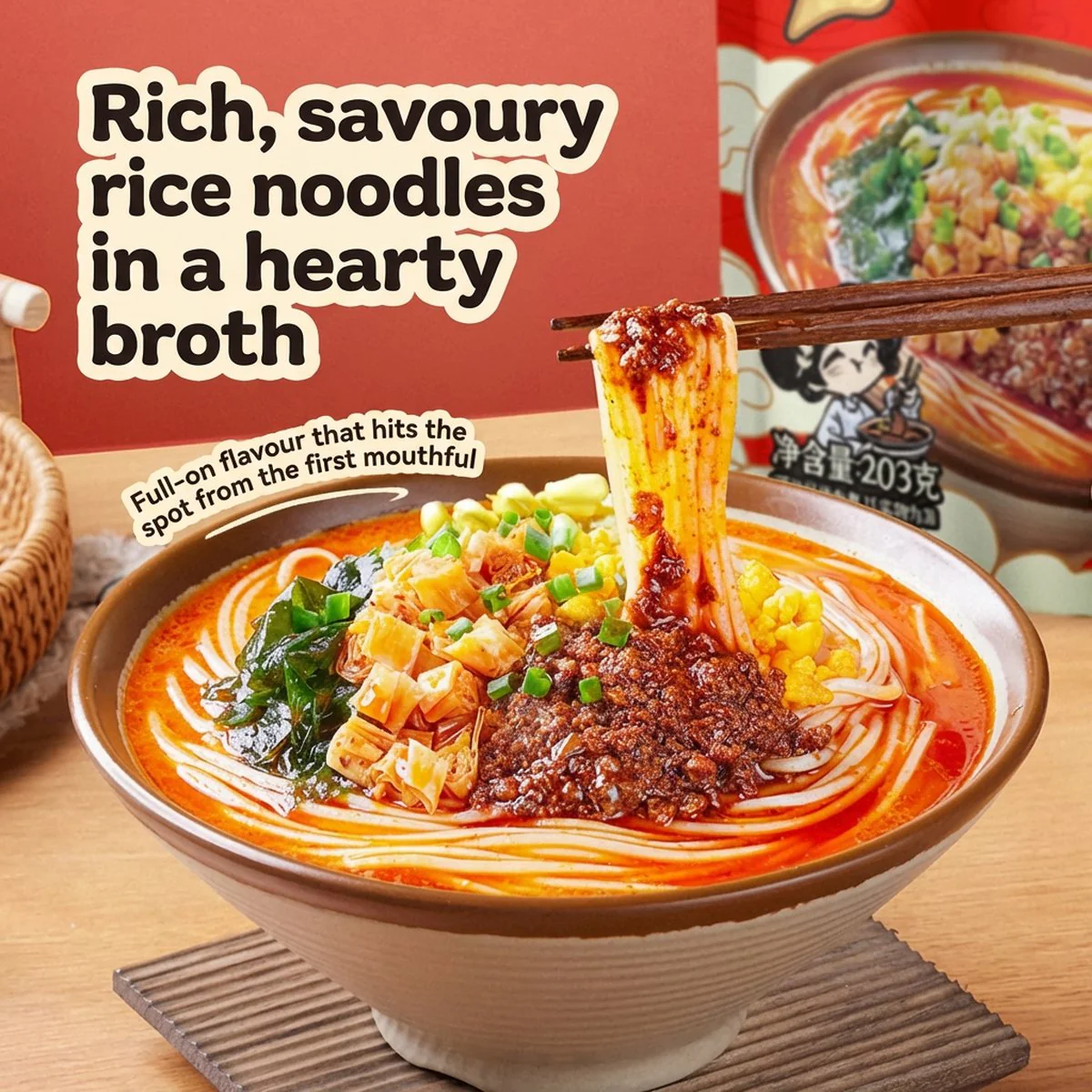 Wan He Rich Spicy Rice Noodles 203g - Spicy Rice Vermicelli Soup - Image 2