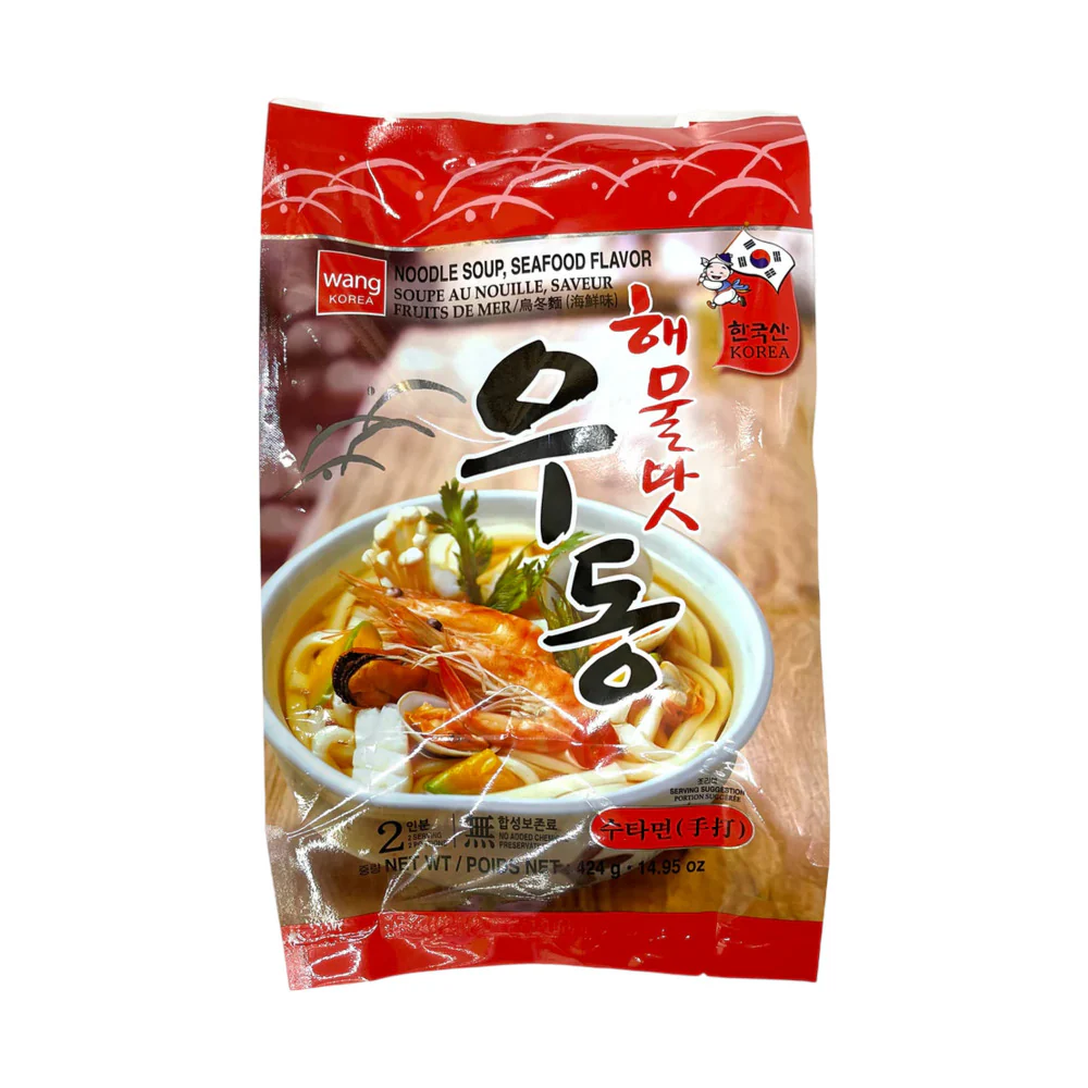 Wang Korea Hand-Pulled Style Udon Noodle Soup, Seafood Flavor 424g - Korean Udong Instant Noodles