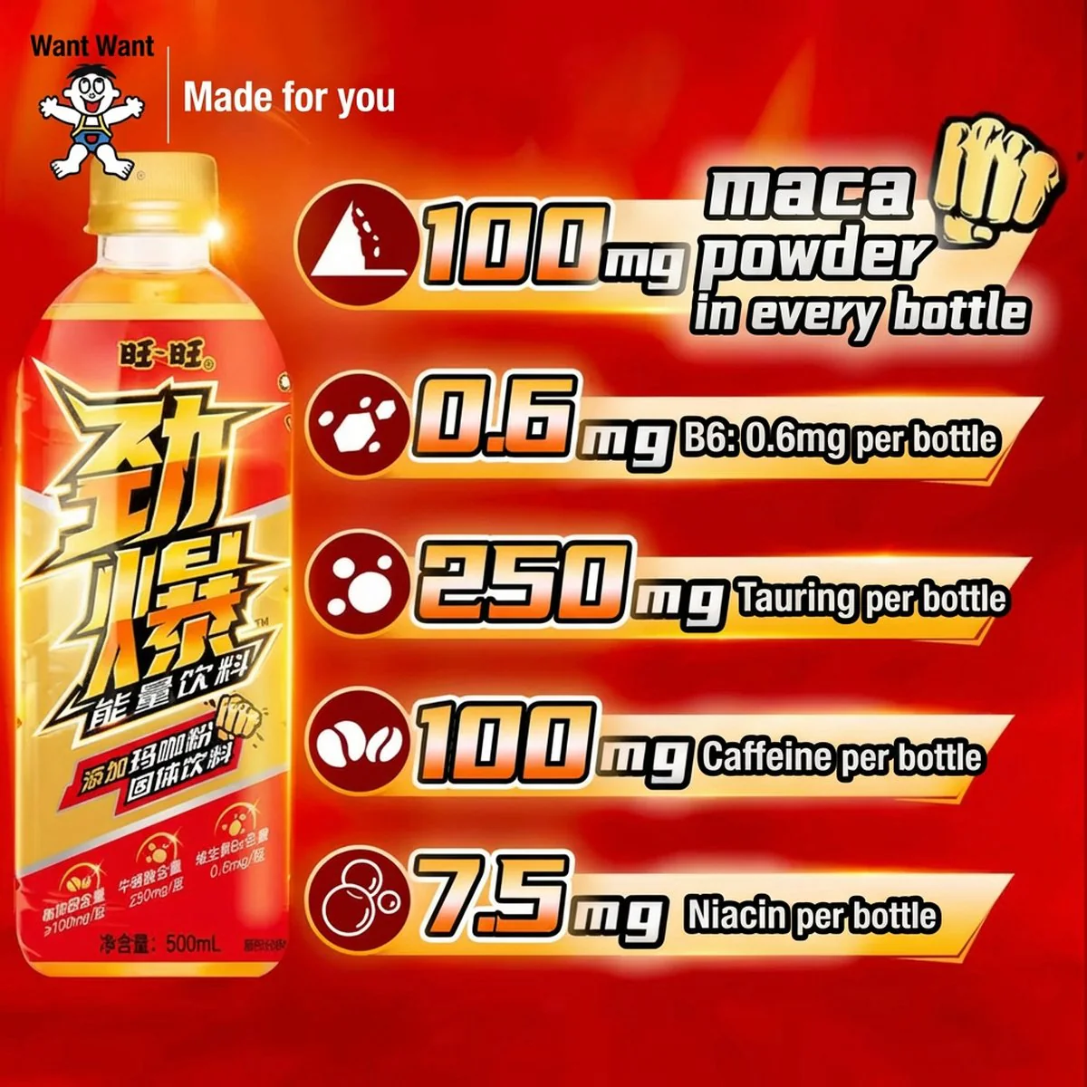 Want Want Energy Drink 500ml – Taurine & Caffeine - Image 2