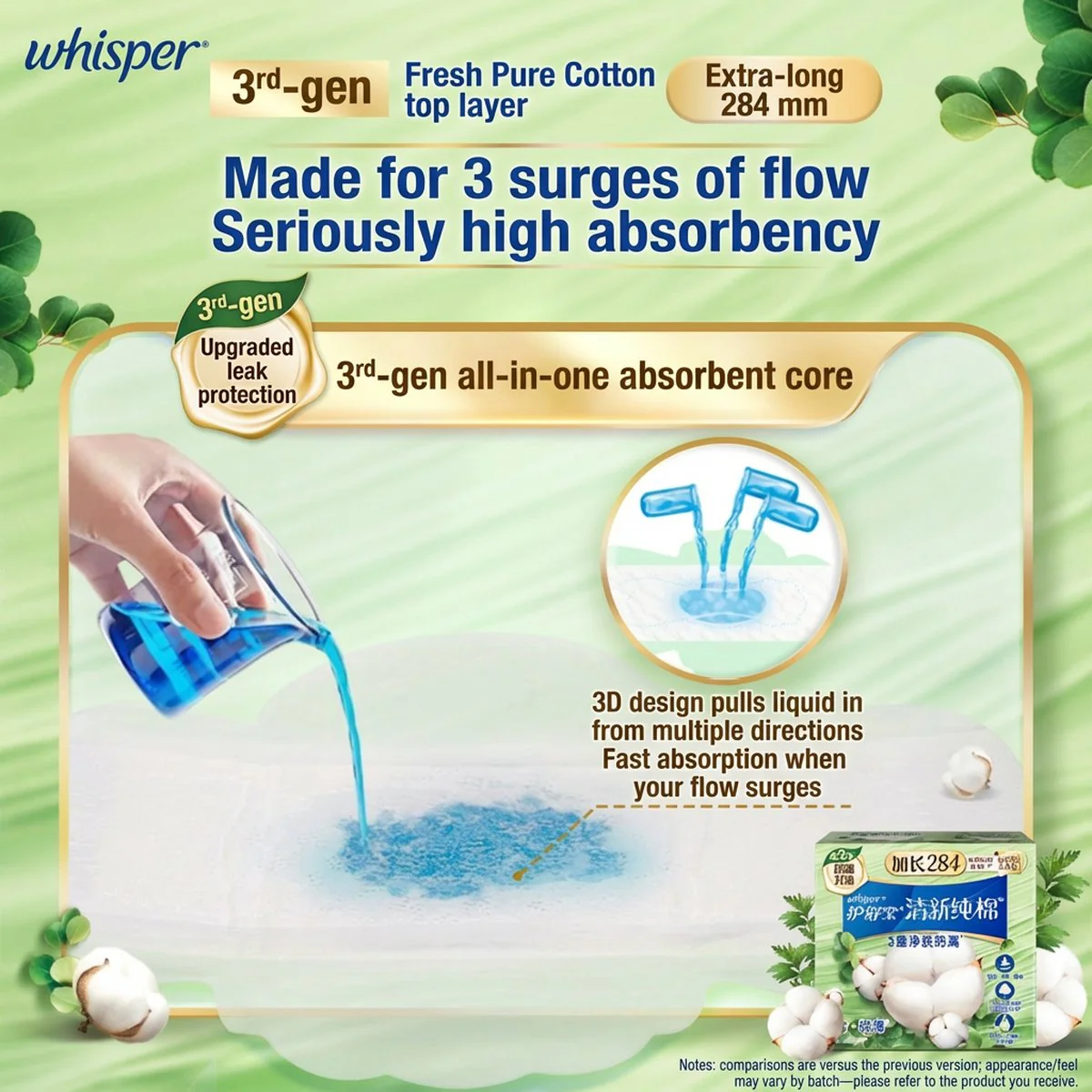 Whisper Pure Cotton Fresh Night Sanitary Pads (Heavy Flow), Ultra-Thin 284mm - 7 Pads - Image 2