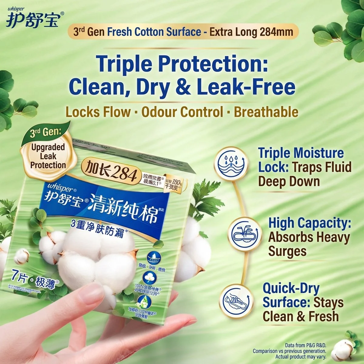 Whisper Pure Cotton Fresh Night Sanitary Pads (Heavy Flow), Ultra-Thin 284mm - 7 Pads - Image 3