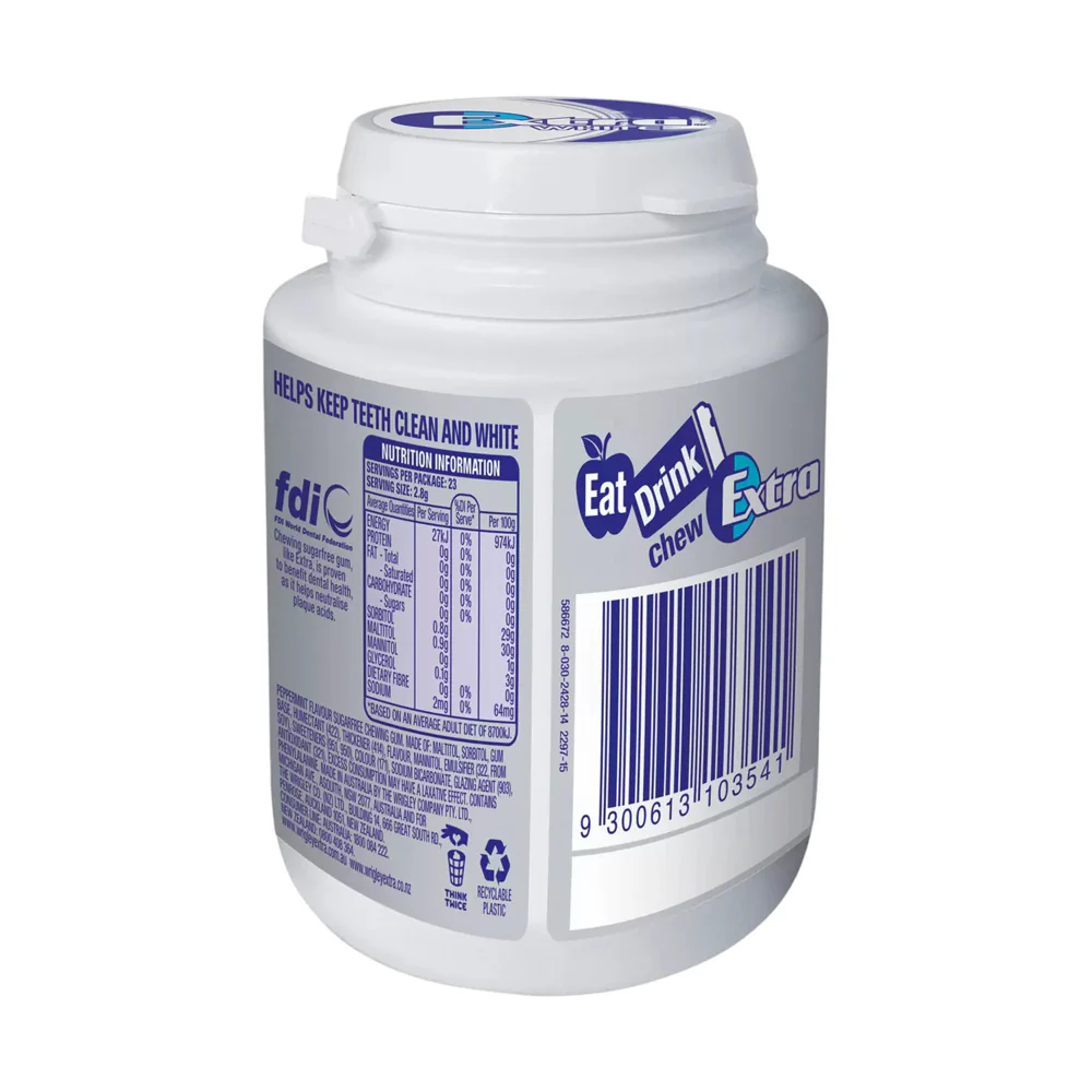 Wrigley's Extra White Sugar-Free Peppermint Chewing Gum – 64g Bottle - Image 2
