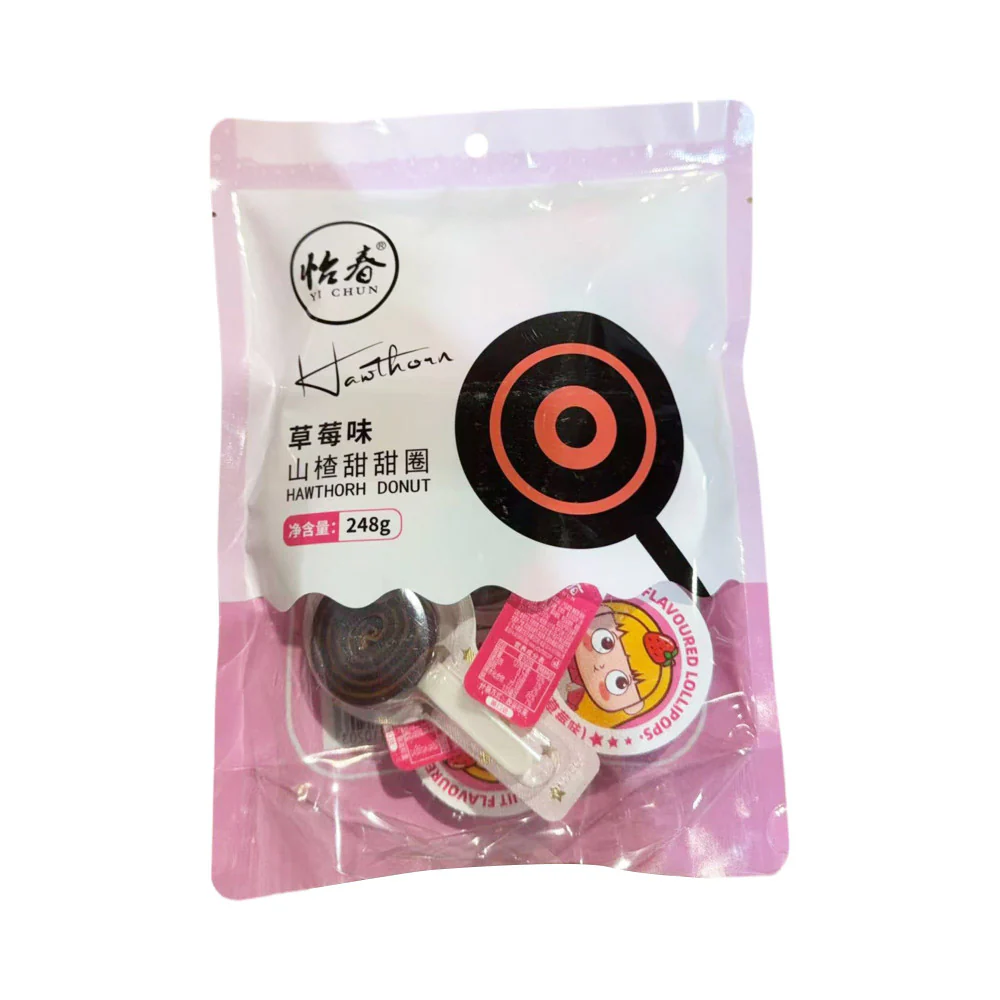 Yi Chun Hawthorn Donut Candy – Strawberry Flavour 248g - Hawthorn Ring Lollipop